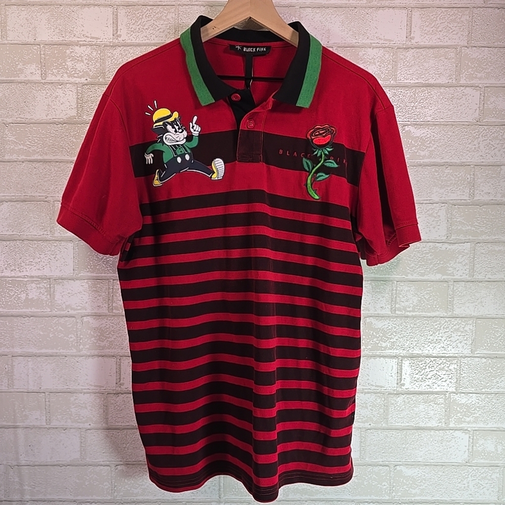 Black Pike Red Stripe Polo Shirt Retro Cartoon Cat & Embroidered Rose XL